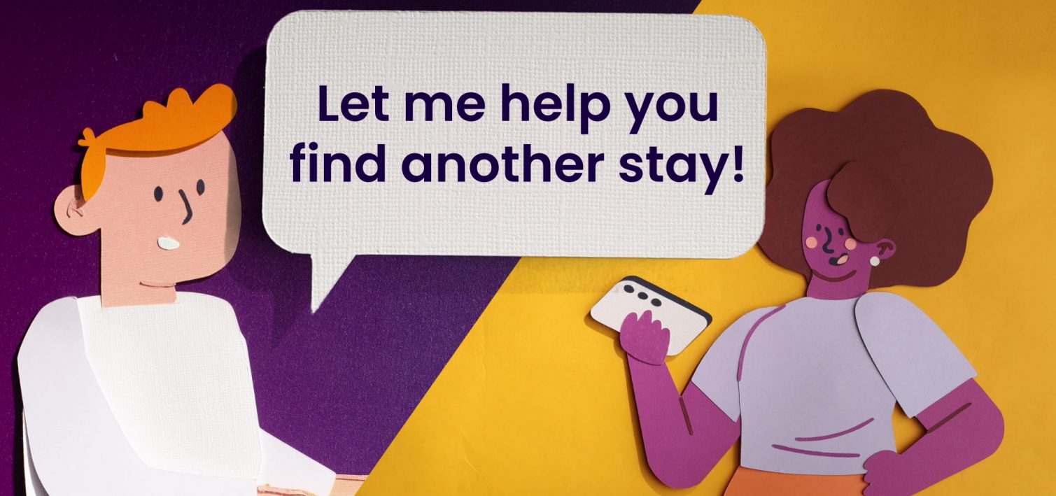 Paper-cut host and guest with a message offering to find another place to stay.