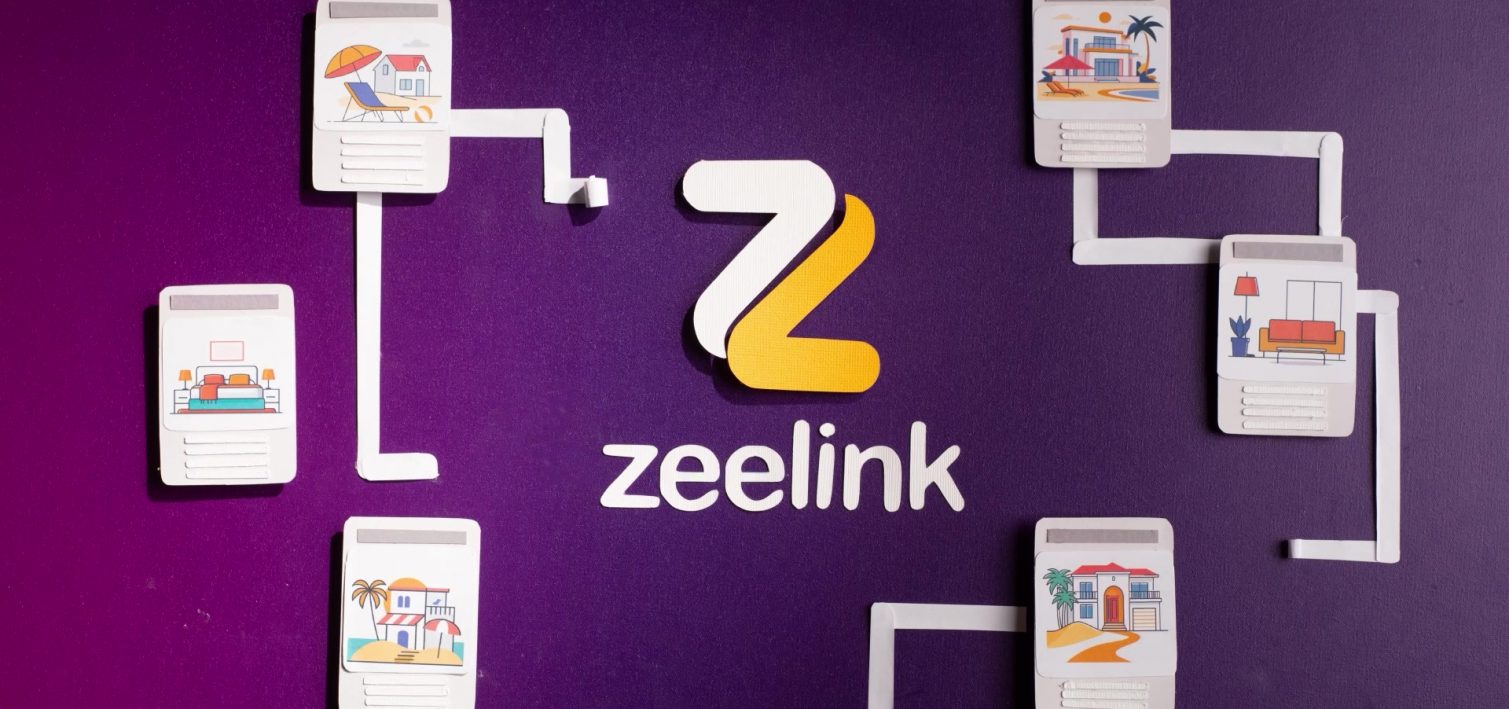The ZeeLink logo surrounded by property cards connected with white paper strips.