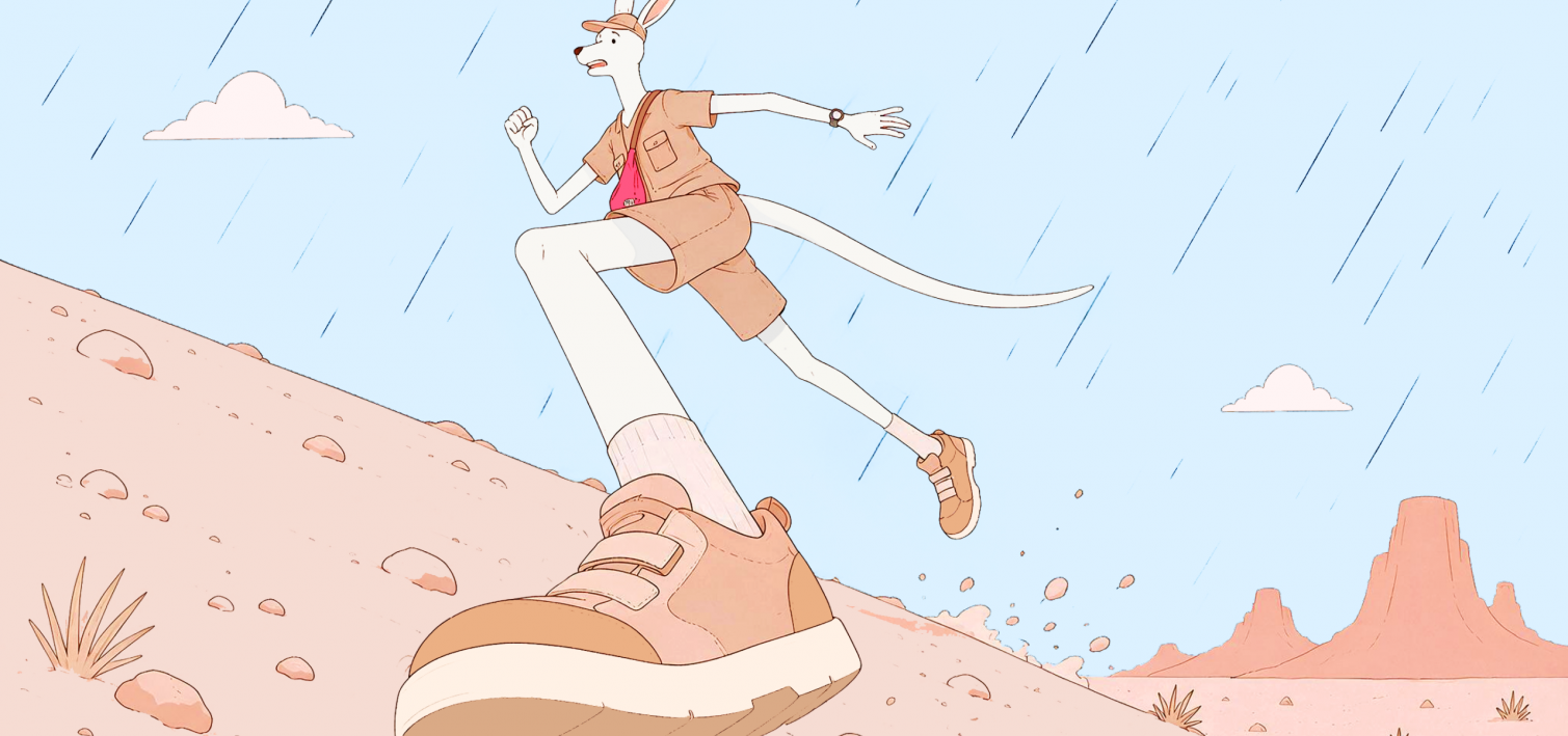 An illustrated kangaroo runs uphill through the rain in the desert, from Desert Adventure.