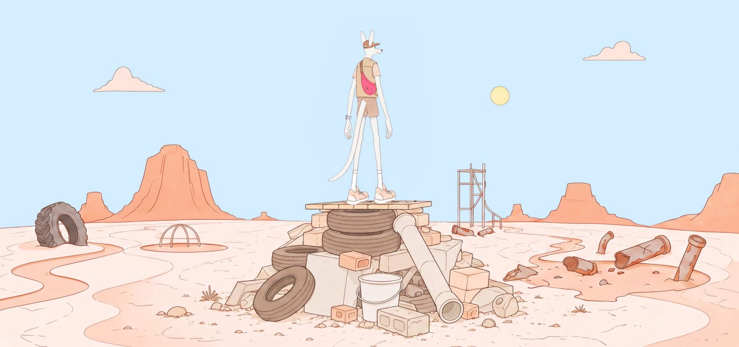 An illustrated kangaroo stands on a pile of tyres and discarded objects in a desert landscape.