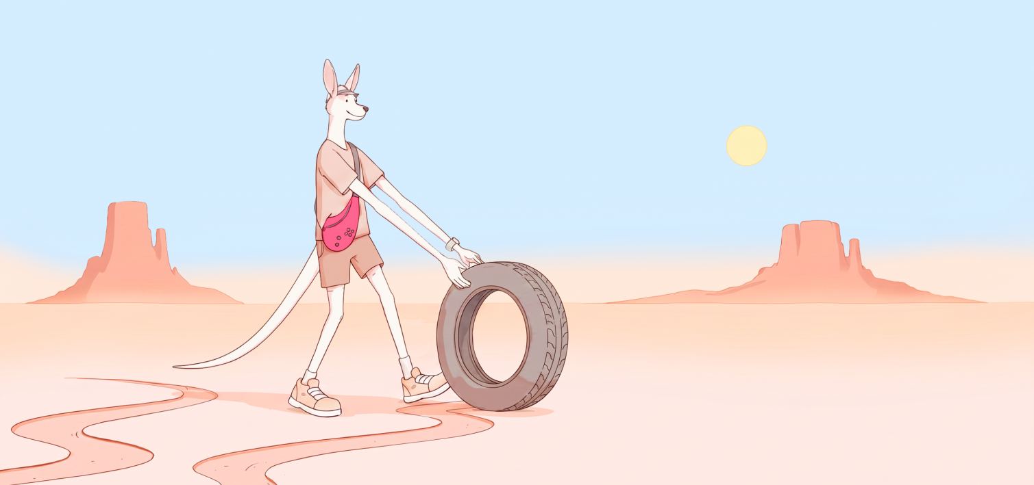 A kangaroo rolls a large tyre through the desert beneath a yellow sun.